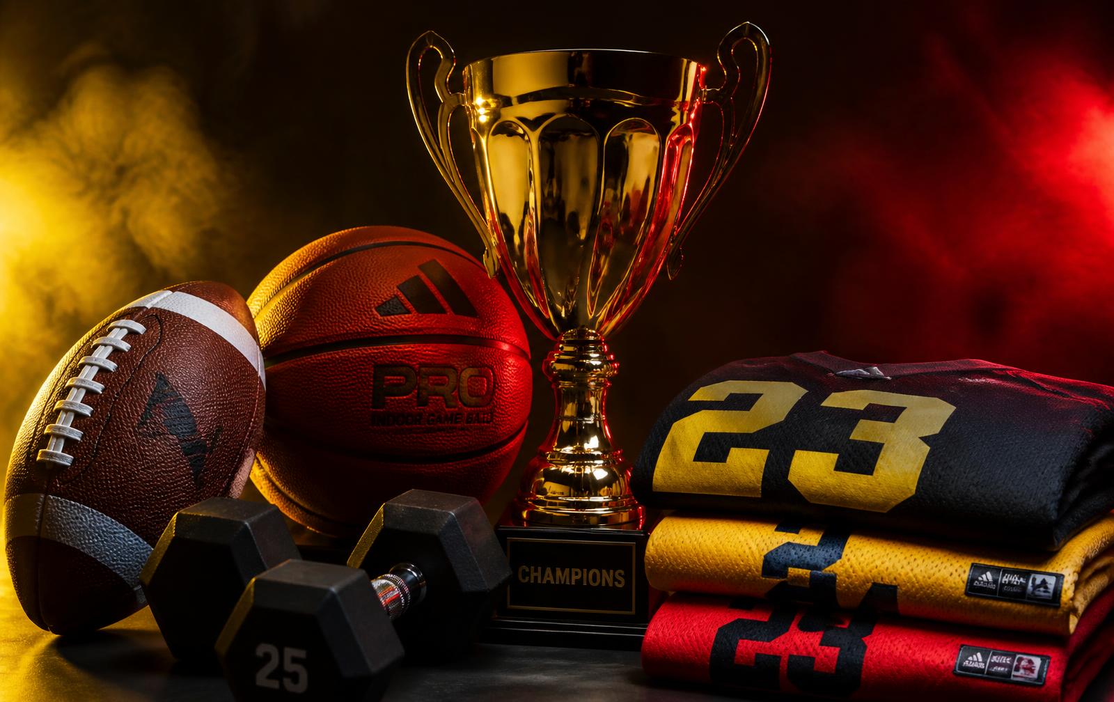 Footballs, basketball, trophy, dumbbells and team jerseys